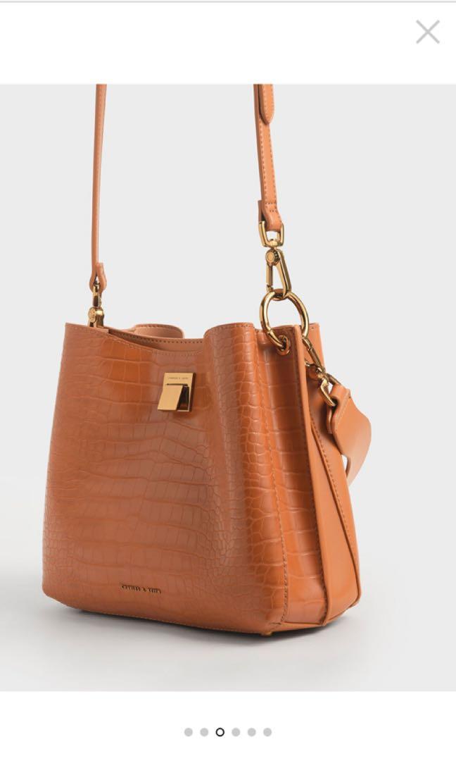 CHARLES KEITH Croc Effect Bucket Shoulder Bag Cognac L Women s Fashion Bags Wallets Shoulder Bags on Carousell