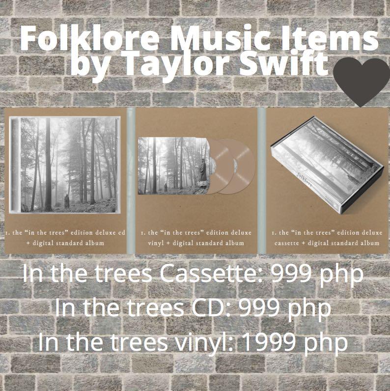 Folklore CD, Vinyl, Tape by Taylor Swift (Category: CDs & DVDs) located in Manila. Submitted by stefandraboutique (Listing ID 1023094127, Image 3). Description: Our creative post we all have been waiting for. We are so happy to give you the lowest and best price guaranteed for Taylor Swift’s new album, Folklore 🖤 All Deluxe CDs are priced at 999 php only ‼️ All Deluxe Vinyls are priced at 1999 php only ‼️ All merch are low priced and you can mes