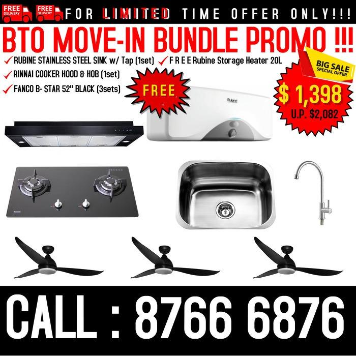 Free Delivery Bto Move In Bundle Promo Rubine Kitchen Sink Kitchen Tap Rinnai Cooker Hood Hob Fanco B Star Ceiling Fan Free Rubine Storage Heater 20l Home Appliances Kitchenware On Carousell