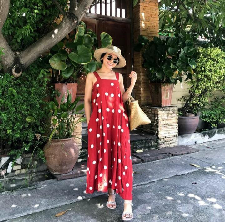 Instock Red Polka Dot Jumpsuit Women S Fashion Clothes Rompers Jumpsuits On Carousell