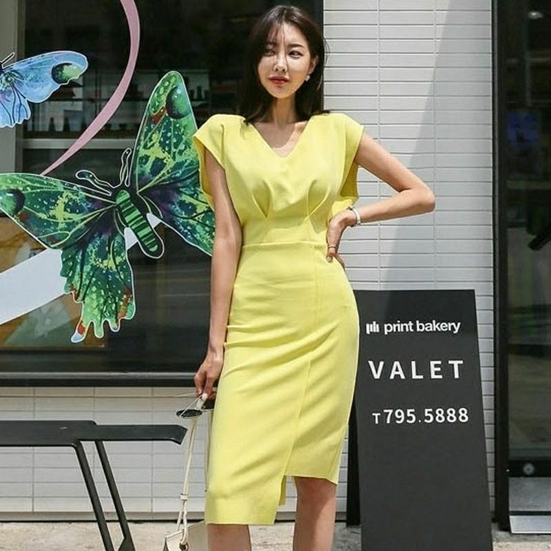 yellow fitted dress