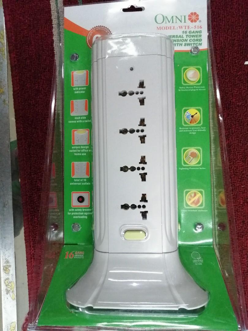 Omni Universal Tower Extension Cord with Switch (Category: Lighting) located in Manila. Submitted by princess_christarine (Listing ID 1023013403, Image 1). Description: Brand: Omni Model: WTE-512 or WTE-516 Type: 12 or 16 Gang (all Universal Outlet) Cord Length: 6 ft. Max Power: 250V, 10A, 2,500 watts = each side comes with a switch = with safety breaker for protection against overloading = flame retardant enclosure and lightning protection serie