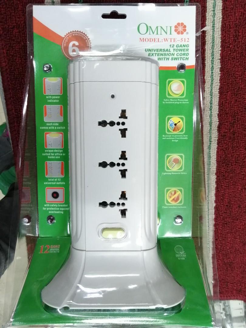 Omni Universal Tower Extension Cord with Switch (Category: Lighting) located in Manila. Submitted by princess_christarine (Listing ID 1023013403, Image 2). Description: Brand: Omni Model: WTE-512 or WTE-516 Type: 12 or 16 Gang (all Universal Outlet) Cord Length: 6 ft. Max Power: 250V, 10A, 2,500 watts = each side comes with a switch = with safety breaker for protection against overloading = flame retardant enclosure and lightning protection serie