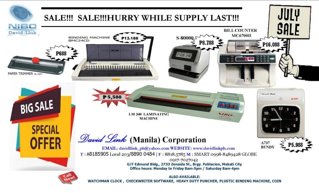 PAPER TRIMMER, BINDING MACHINE, TIME STAMP, BILL COUNTER,LAMINATOR AND BUNDY CLOCK (Category: Office & Business Technology) located in Makati City. Submitted by davidlinkcorp (Listing ID 1022974577, Image 1). Description: .
