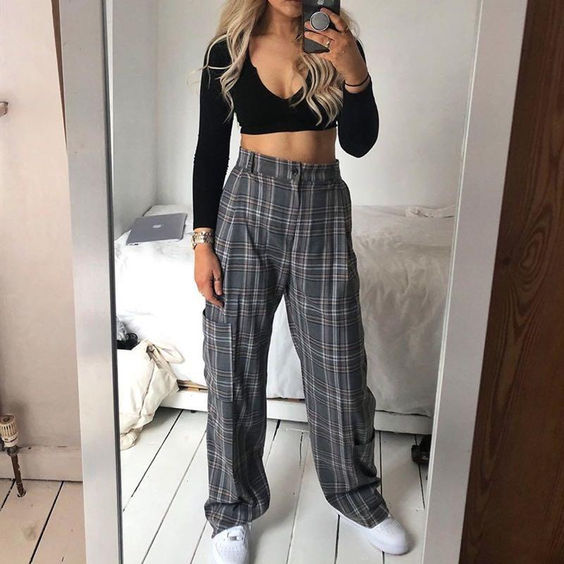 grey plaid high waisted wide leg pants 