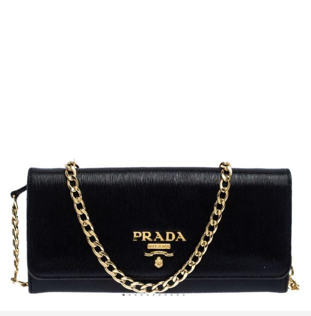 Prada wallet on chain saffiano leather, Women's Fashion, Bags & Wallets,  Purses & Pouches on Carousell
