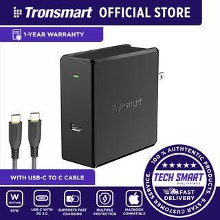 Tronsmart WCP02 60W with USB-C cable PD 3.0 Wall Charger for MacBook, HP Spectre, Mate Book, iPhone Xs/Xs Max/XR, Samsung Galaxy S9/S9+, Note 9/8, Google Pixel 3/3 XL, Nexus 5X/6P and more