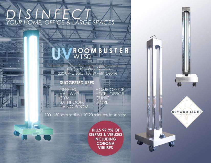 UV ROOMBUSTER STERILIZER UV DISINFECTION (Category: Oral Care) located in Pasay City. Submitted by cylcastro (Listing ID 1022893054, Image 2). Description: UV RoomBuster W150 Disinfect Your Home, Office and Large Spaces in Minutes! 10” (L) x 10” (W) 39” (H) UVC Light 150 W Ozone 220V Suggested Use: Offices Home Office Hallways Hotel Room Gym Clinic Bathroom Store Living Room 100-150 Sqm Radius 10-30 Minutes 💸A portion of beyond lights profits wi