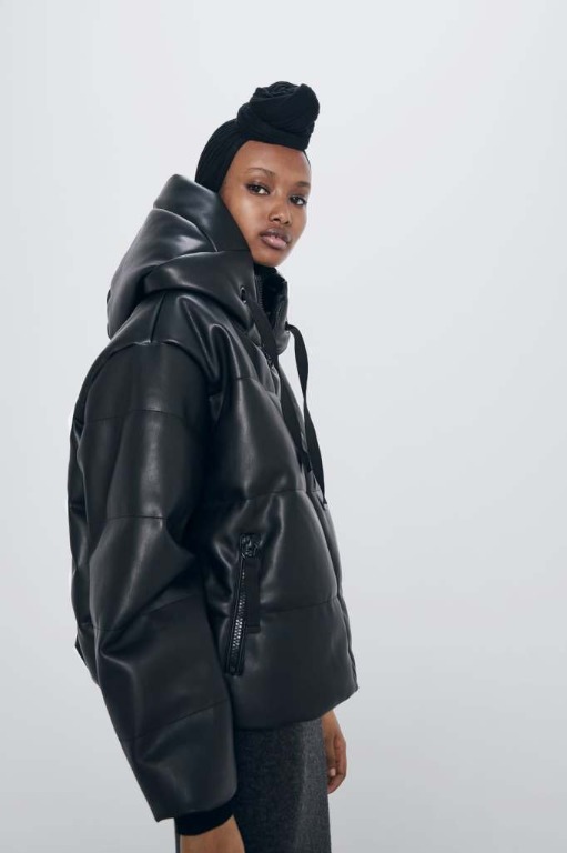 ZARA HOODED FAUX LEATHER PUFFER JACKET BLACK S size 3046 223