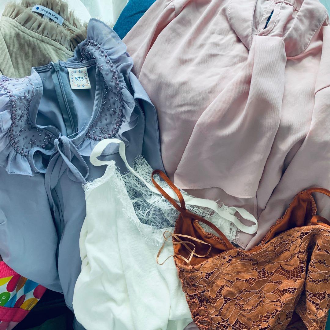 超靚日本韓國福袋六件 Sarah花花橙色top Global Work日本牌子上衣粉紫色kitty唔上衣韓國喱士背心粉紅色超靚荷葉邊托等等隨機 女裝 女裝褲 半截裙