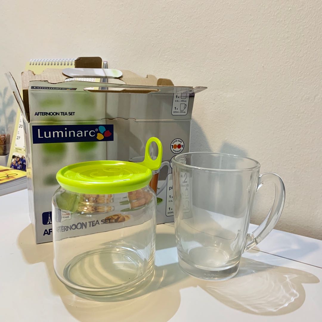 BNIB Luminarc Tea Break Glass Cup and Jar Set with Lid, Home Appliances