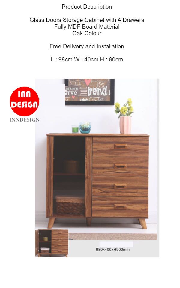 Glass Doors Storage Cabinet With 4 Drawers Furniture Shelves Drawers On Carousell
