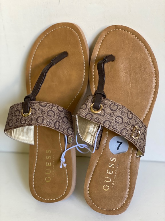 NEW GUESS NONETOO NATURAL BROWN SIGNATURE LOGO STRAP SANDALS