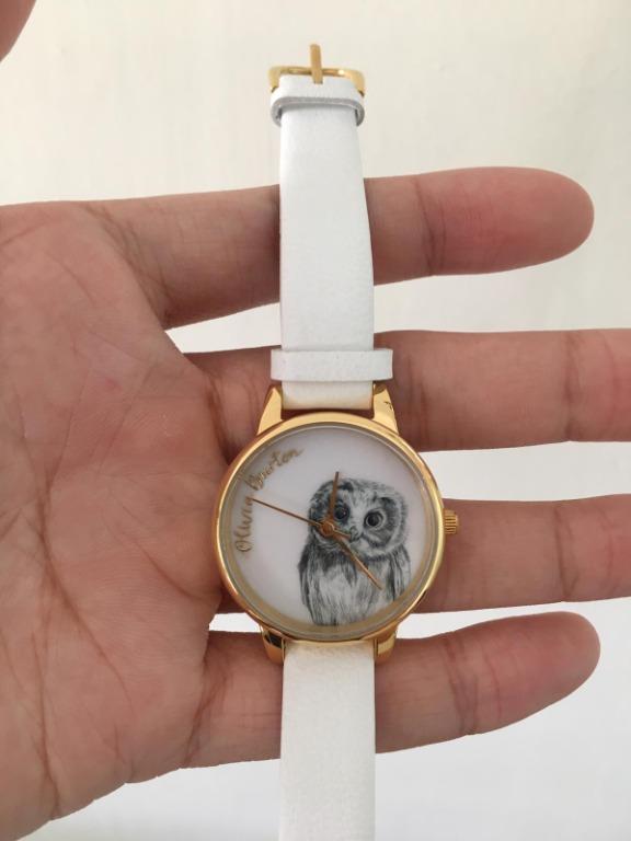 CLEARANCE SALE Olivia Burton Animals Owl Design 30mm Dial Rose Gold White Leather Strap Watch