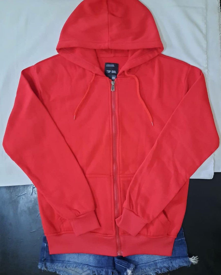 red zip up hoodie