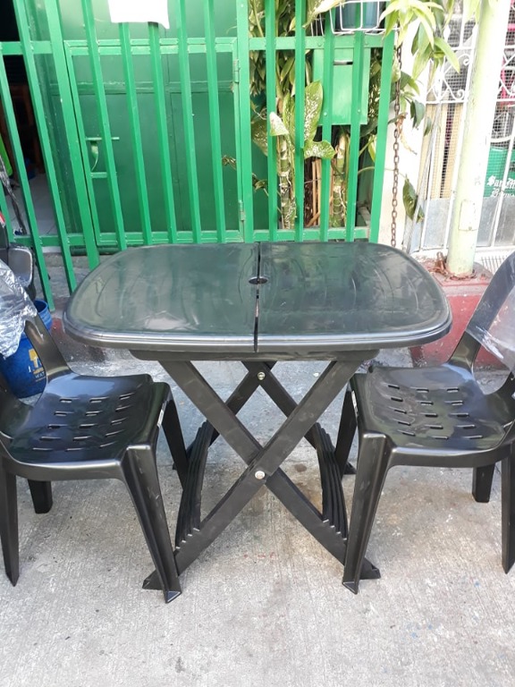 Plastic Foldable Table Black and 2 Uratex Chairs Black Set