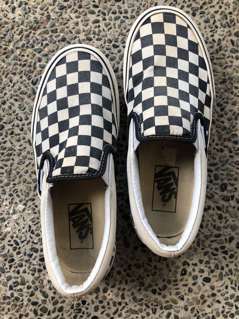 yellow checkerboard slip ons