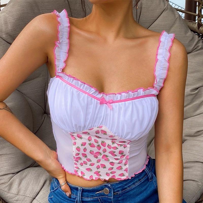 Vintage Ann Summers Milkmaid White and Pink Strawberry Corset Bustier Cami  Top with Ruffle Hem, Mesh Side Panels and Off Shoulder Straps