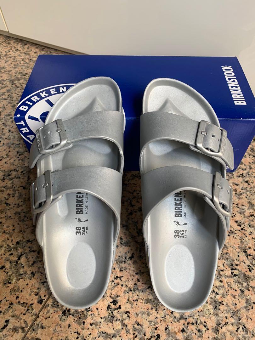 Birkenstock Silver Arizona Sandals Euro 38 Women s Fashion Footwear Flipflops and Slides on Carousell