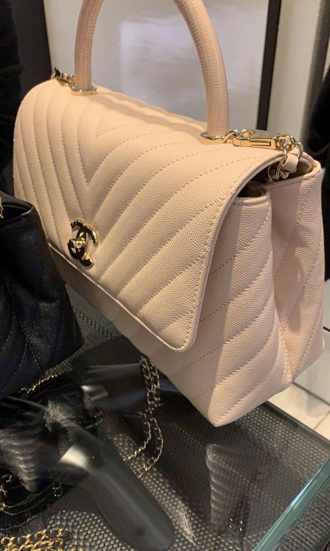 Chanel Coco Handle 20A Beige Chevron Caviar with light gold hardware