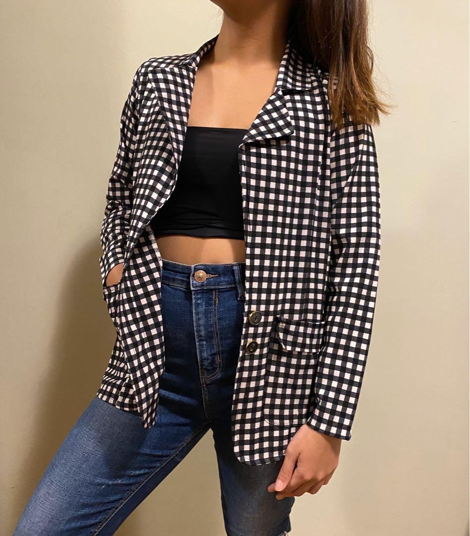 Gingham hotsell blazer womens