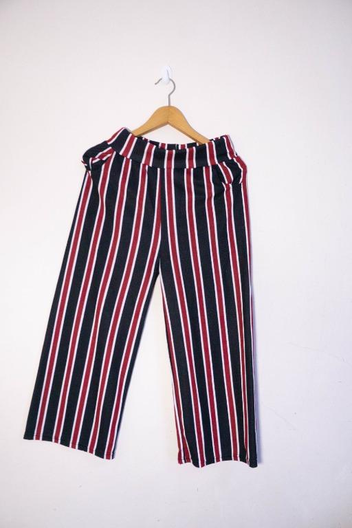 red black and white striped pants
