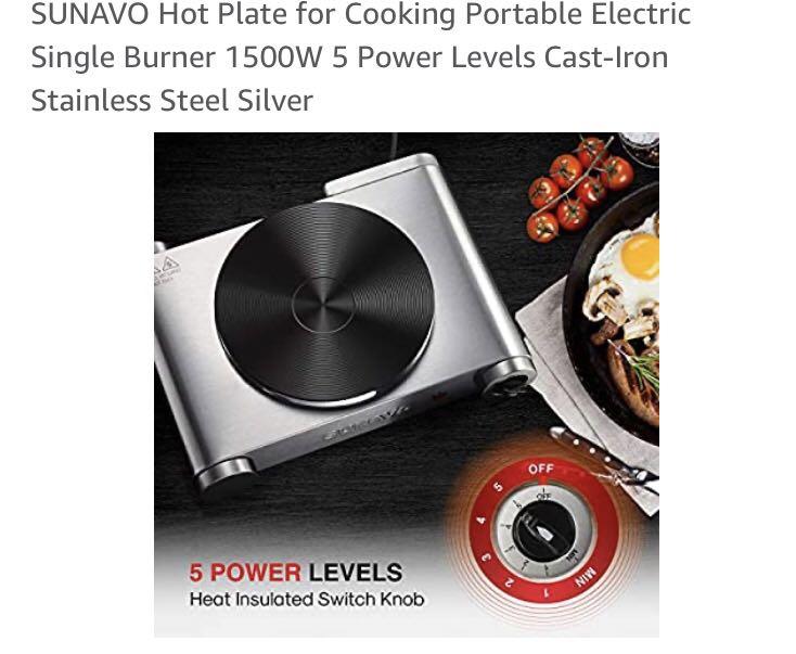 Sunavo hot plate for cooking portable outlet electric single burner 1500w 5 power level
