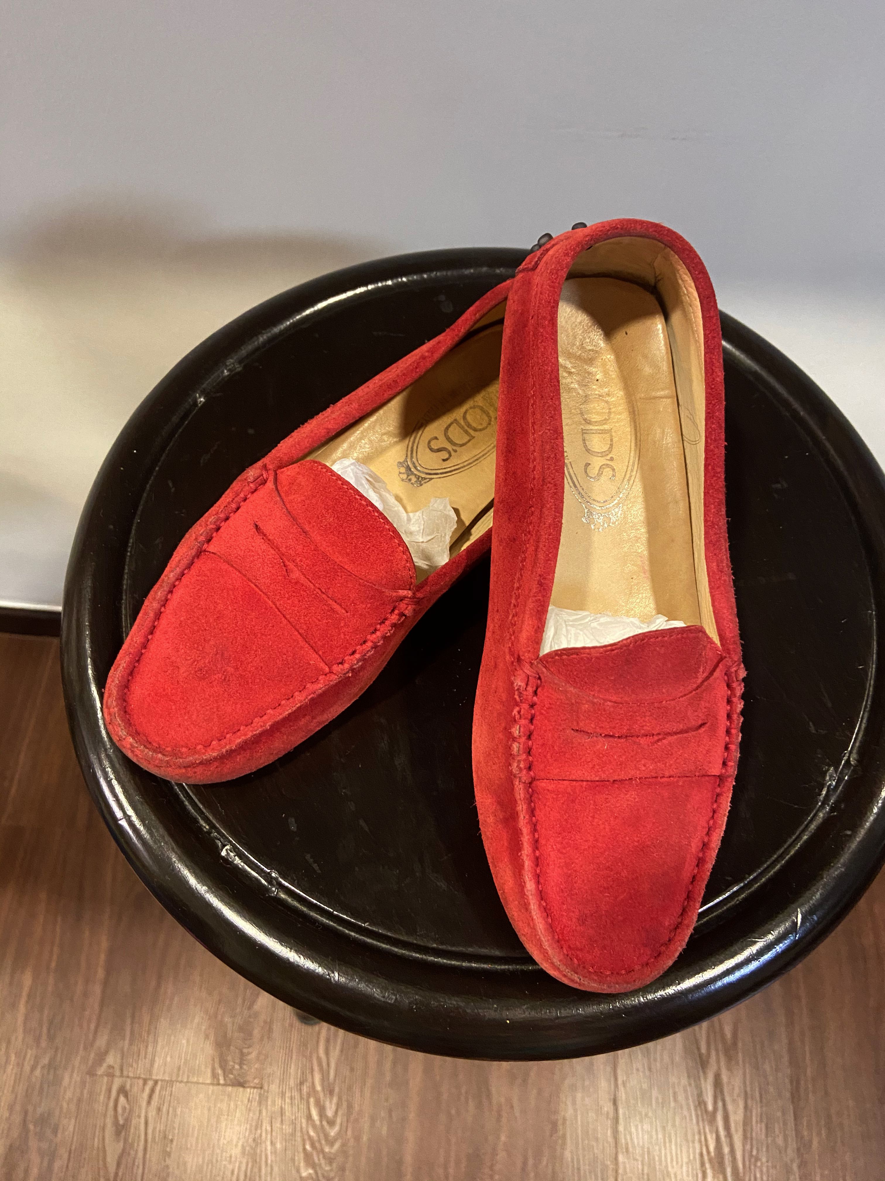 ladies red suede loafers