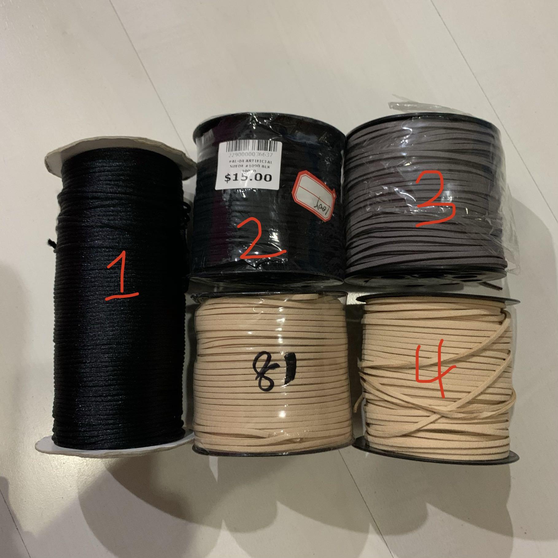 Artificial Suede String (Category: Occasions & Party Supplies) located in Singapore. Submitted by hellobendy (Listing ID 1023887397, Image 1). Description: Item 1 (10% used) - $5 SOLD Item 2 (brand new, 100 yards) - $10 (UP. $15) Item 3 (brand new, 100 yards) - $10 (UP. $15) SOLD - Item 4 (10% used, approx 90 yards) - $8 Item 81 (brand new, 100 yards) - $10 Previously used for making keychains. Buy all for $35 (UP. $43).
