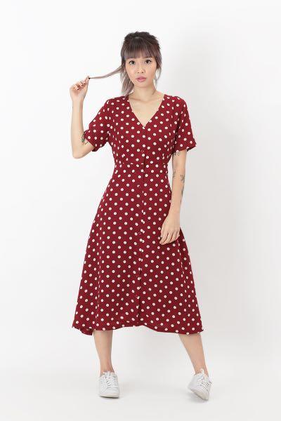 red and white polka dot midi dress