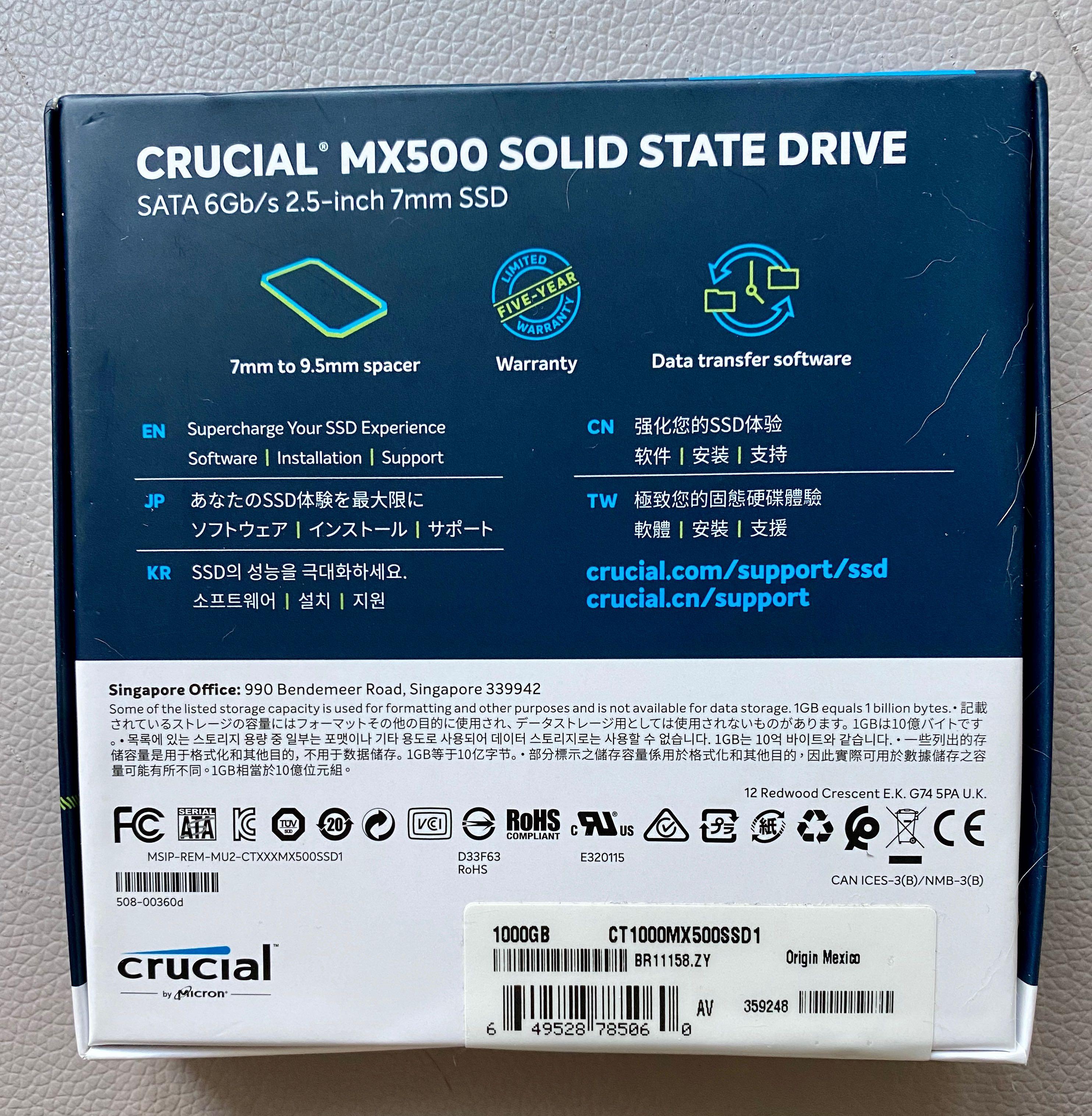 全新未開封Crucial MX500 1TB CT1000MX500SSD, 電腦＆科技, 電腦周邊及 