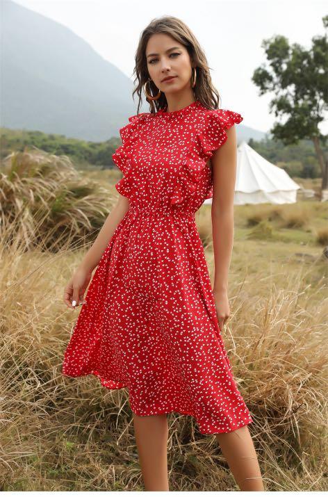 PO Red Dress with butterfly sleeve ruffle