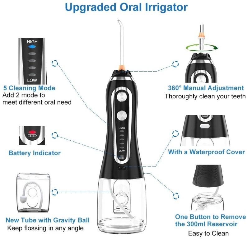 1SJ71 Uvistare Cordless Water Flosser for Teeth w Gravity Ball, 5 Modes 6 Water Jet Dental Floss IPX7 Waterproof 360° Rotation 300ML Reservoir USB Rechargeable for Home Outdoor Travel w Bag-Uvistare (Black)
