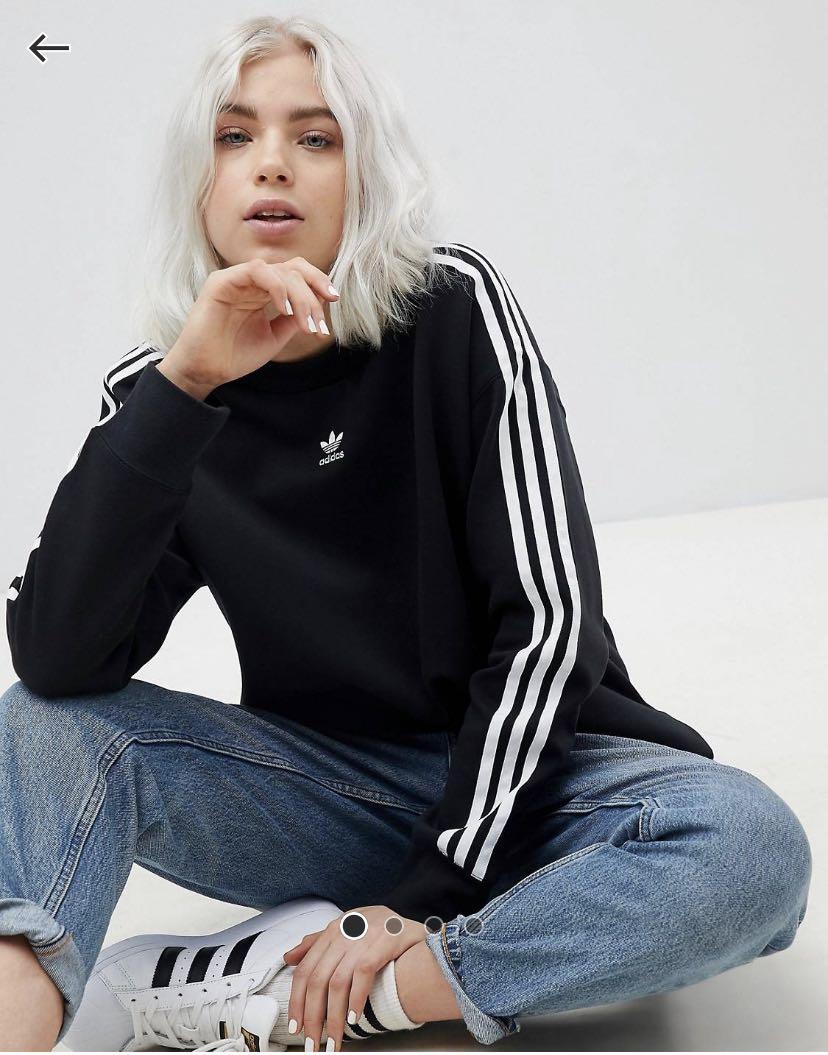 Adidas originals three on sale stripe sweatshirt in black