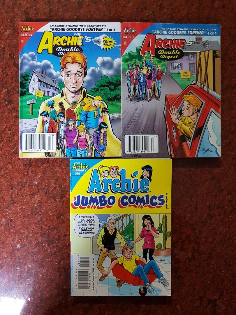 COMIC BUNDLE: Archie Comics (3 Comics) (Category: Comics & Manga) located in Mandaluyong City. Submitted by min.aouie (Listing ID 1023970806, Image 1). Description: Archie Double Digest (Archie Goodbye Forever 1/4) Archie Double Digest (Archie Goodbye Forever 4/4) Archien Jumbo Comics.