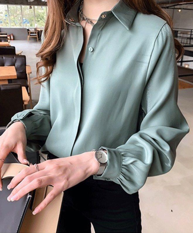 green satin button down