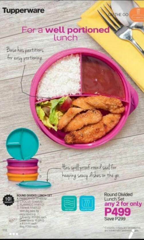 Round Divided Lunch Set buy 1 take 1 (Category: Chilled & Frozen Food) located in Makati City. Submitted by plasticsnfrills (Listing ID 253147998, Image 1). Description: Round Divided Lunch Set •Virtually air-tight and liquid tight seal for on the go use •Perfect for bringing saucy dishes on the go •Vase come with divider for easy portioning and separation of food Capacity: 350 ml each Dimension: 16 cm D x 4cm H each Colors: Parrotfish Crocus Fla