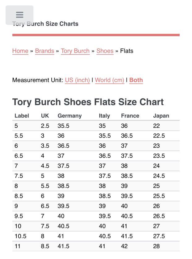 tory burch flip flop size chart