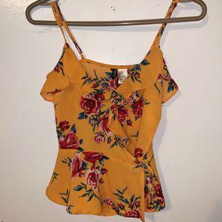 YELLOW FLORAL WRAP TOP