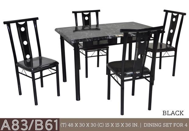 4 Seater Dining Set (Category: Chairs) located in Quezon City. Submitted by travisfurnitureshop (Listing ID 1024343100, Image 1). Description: 4 Seater Dining Set Model: A83/B61 Dimension: (Table) 59 x 36 x 30 (Chair) 15 x 15 x 36 inches Made: Laminated MDF Board Top and Seat Table Color Available: Black Brown.