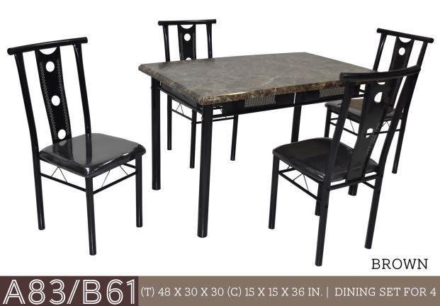 4 Seater Dining Set (Category: Chairs) located in Quezon City. Submitted by travisfurnitureshop (Listing ID 1024343100, Image 2). Description: 4 Seater Dining Set Model: A83/B61 Dimension: (Table) 59 x 36 x 30 (Chair) 15 x 15 x 36 inches Made: Laminated MDF Board Top and Seat Table Color Available: Black Brown.