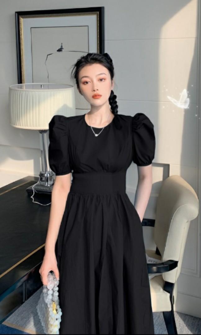 Black midi dress with puff sleeve, Women's Fashion, Tops, Sleeveless on ...