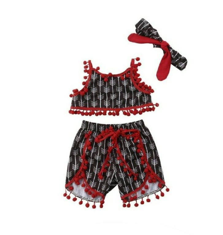 Boho Chic Top with tassel shorts matching headband Red Babies