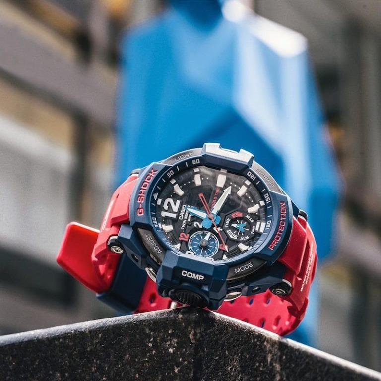 Casio G Shock Gravitymaster GA1100 2A Men s Watch Twin Sensor Black Dial Red Resin Strap Aviator Aviation Series World Time Master of G Digital
