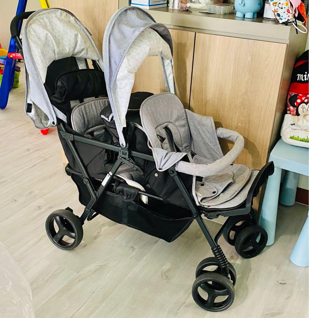 Seebaby T33 double tandem twins stroller pram grey black
