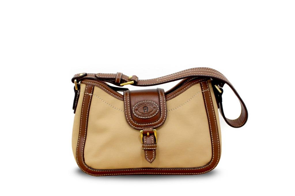 Vintage Etienne Aigner small cute tan canvas and brown leather