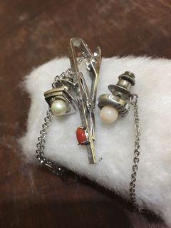 Vintage real pearl & coral tie clips