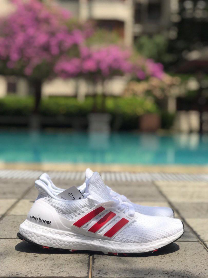 Adidas Ultraboost All White Red Men S Fashion Footwear Sneakers On Carousell