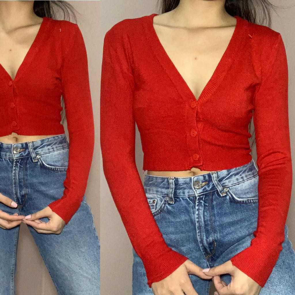 red cropped cardigan