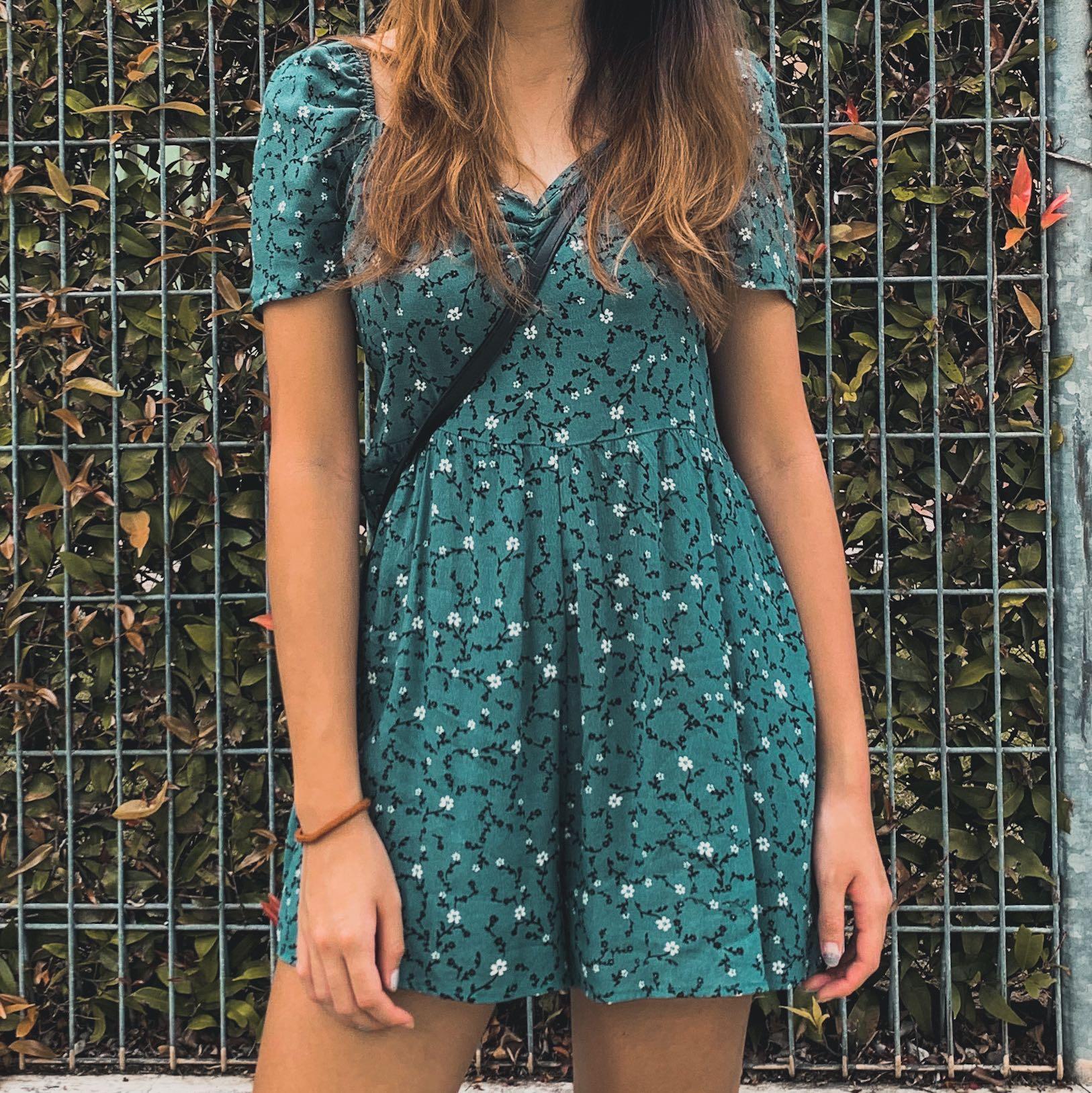 Cotton On Forest Green Floral Romper Women S Fashion Dresses Sets Rompers On Carousell